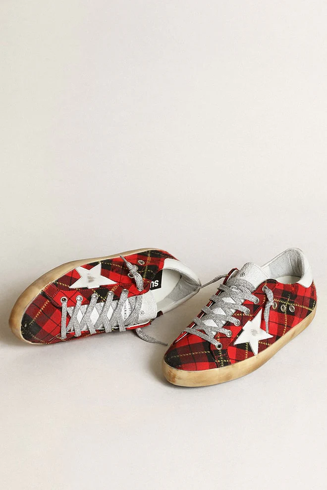 Women | Super-Star Wool with Red Tartan Print & White Leather Star | Red Black x White - Image 6