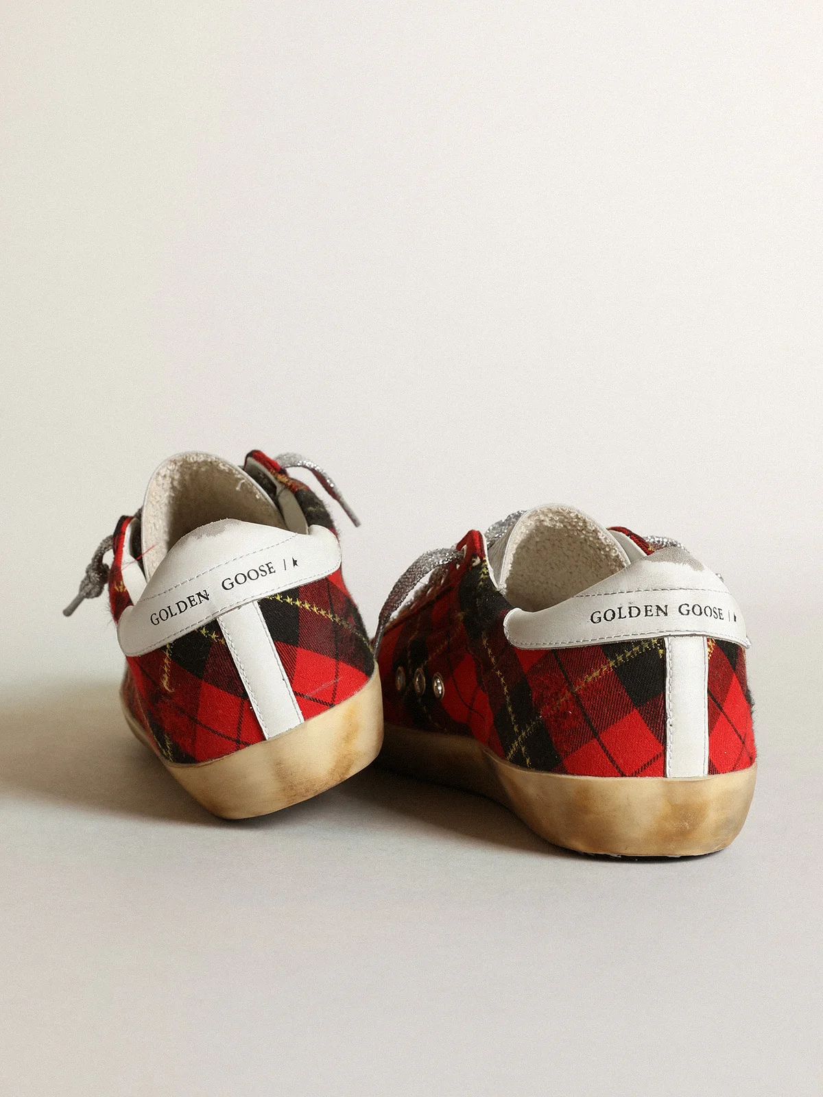 Women | Super-Star Wool with Red Tartan Print & White Leather Star | Red Black x White - Image 7