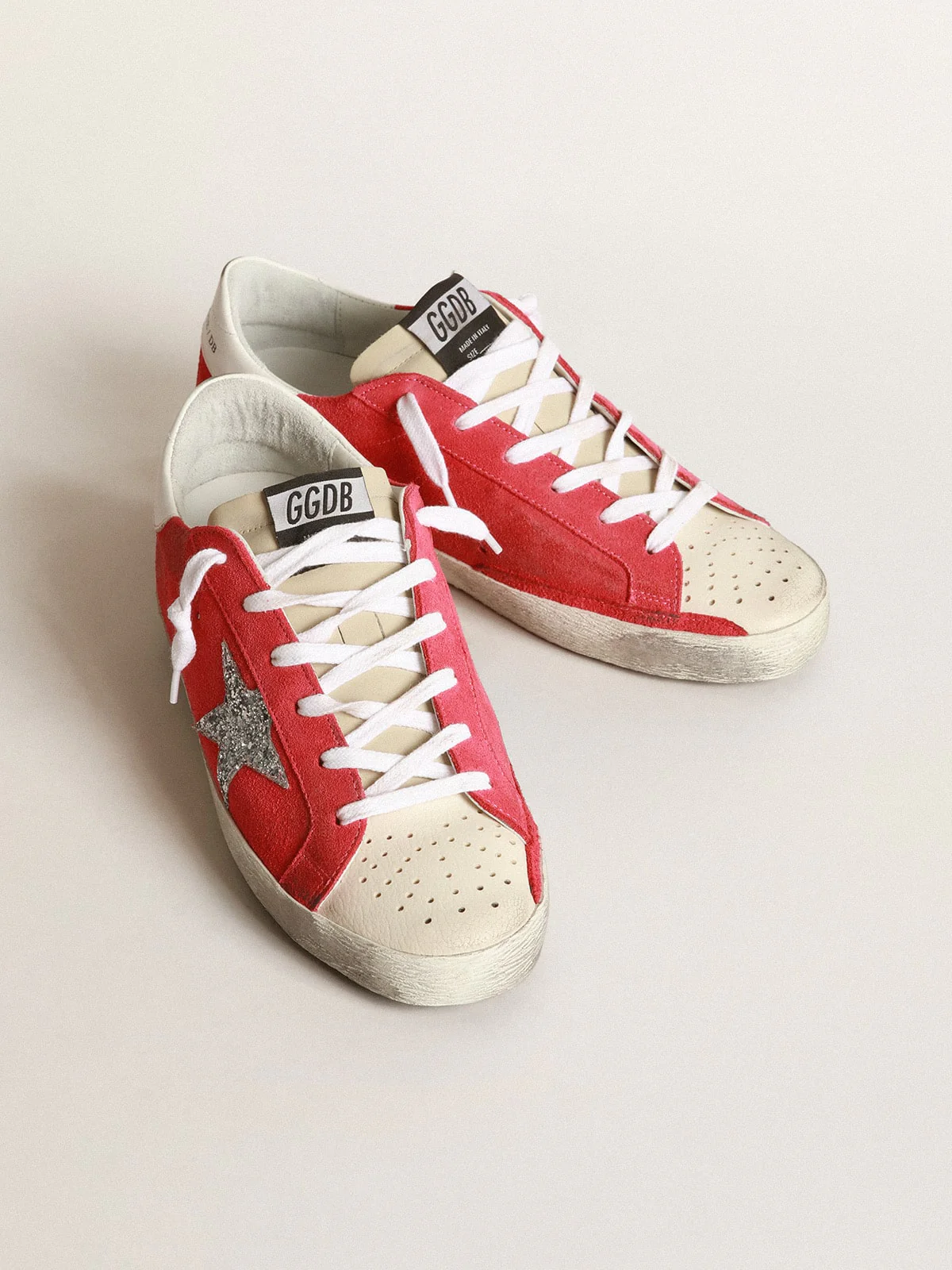 Women | Superstar Sneakers with Glitter Star & Perforated Toecap | Dark Pink x Milk x Silver x White - Image 2