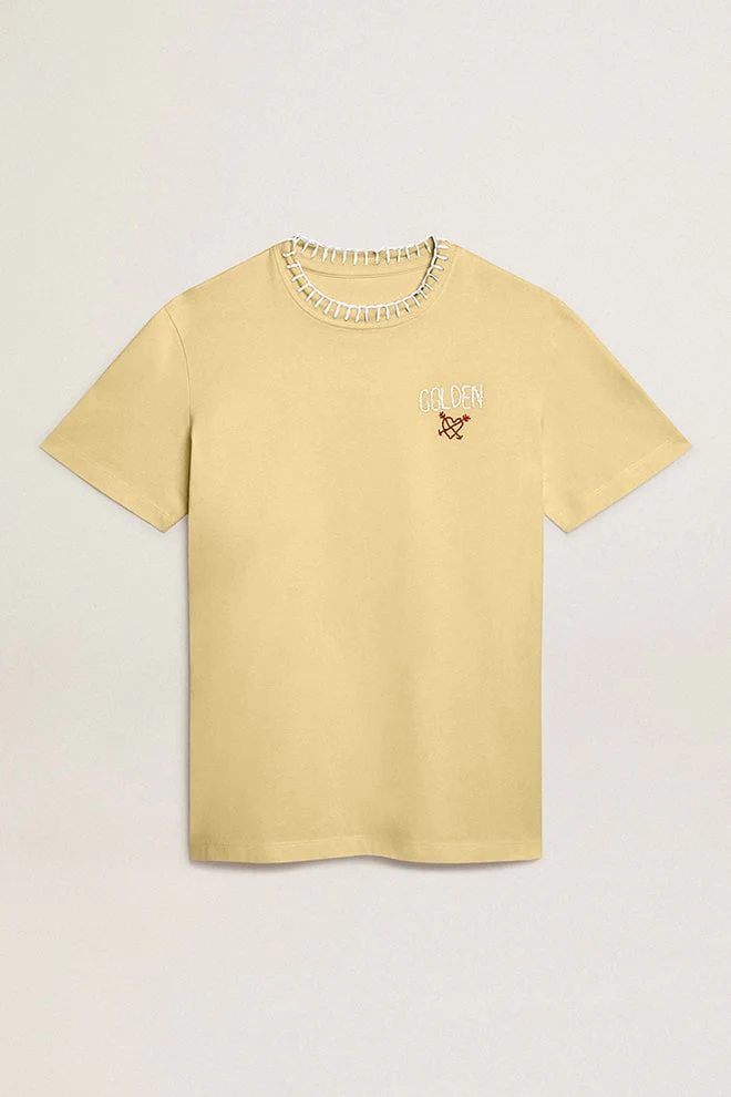 Women | T-Shirt Cotton Jersey with Embroidery On The Neck & Heart | Raffia x Heritage White x Urban Red