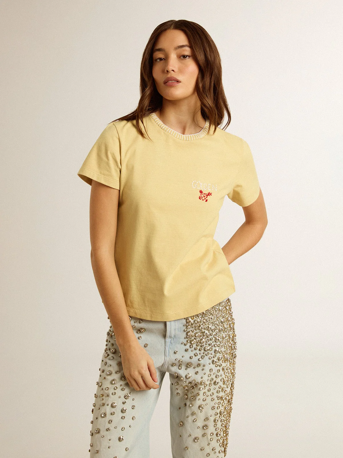 Women | T-Shirt Cotton Jersey with Embroidery On The Neck & Heart | Raffia x Heritage White x Urban Red - Image 4