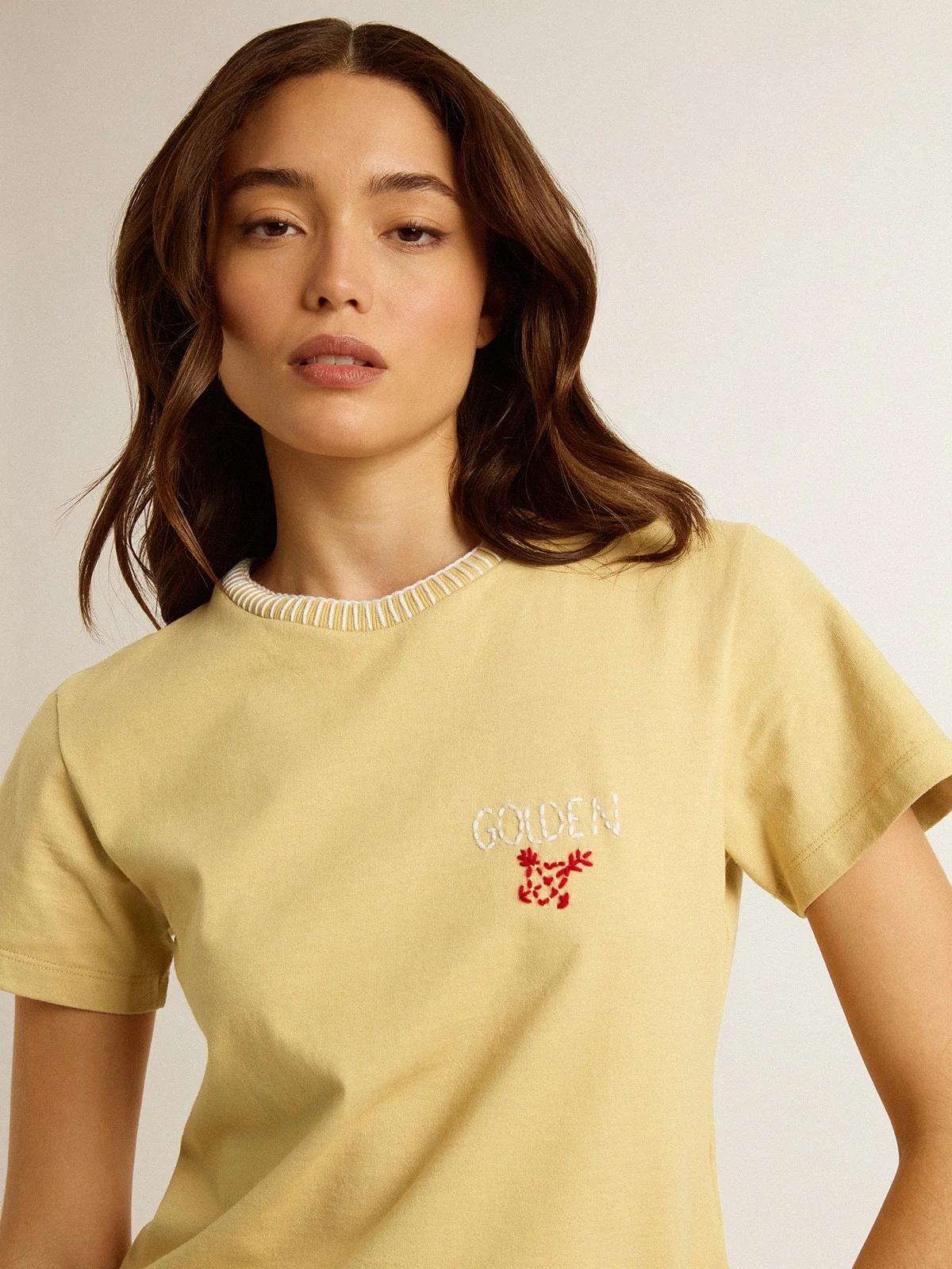 Women | T-Shirt Cotton Jersey with Embroidery On The Neck & Heart | Raffia x Heritage White x Urban Red - Image 7