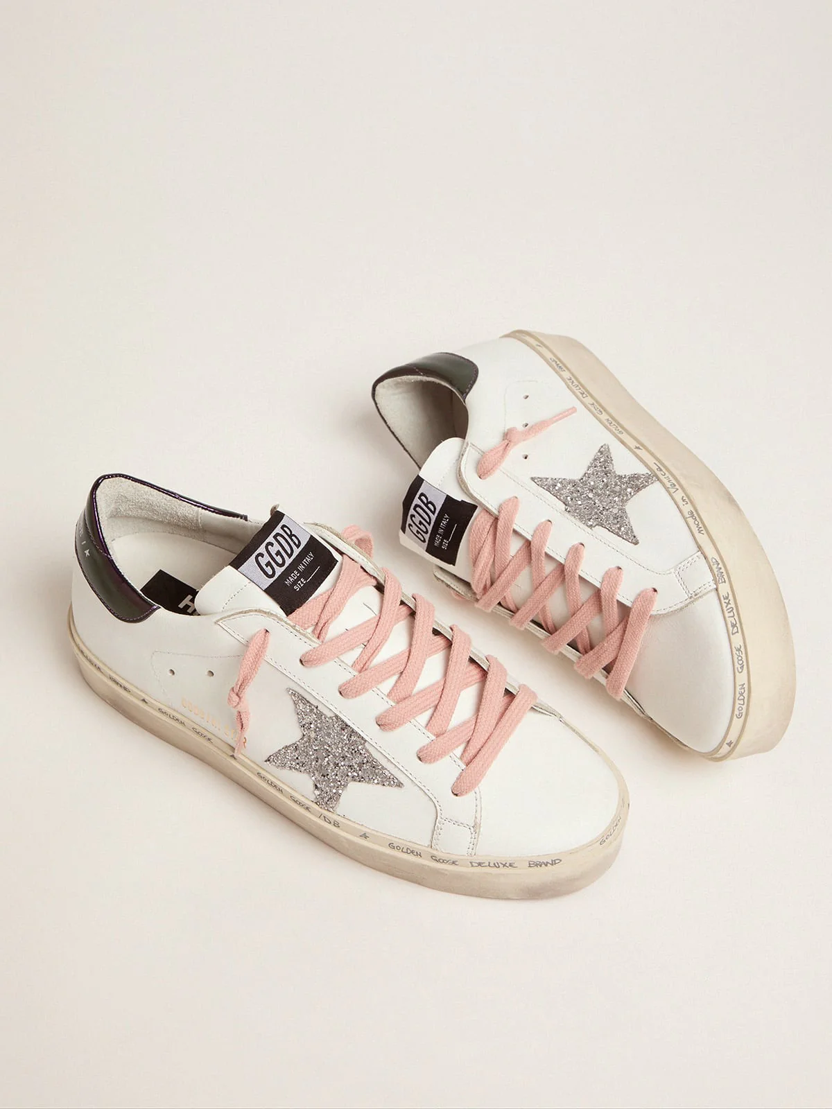 Women | White Hi-Star Sneakers with Glittery Star & Pink Laces | White x Silver x Blue Petrol