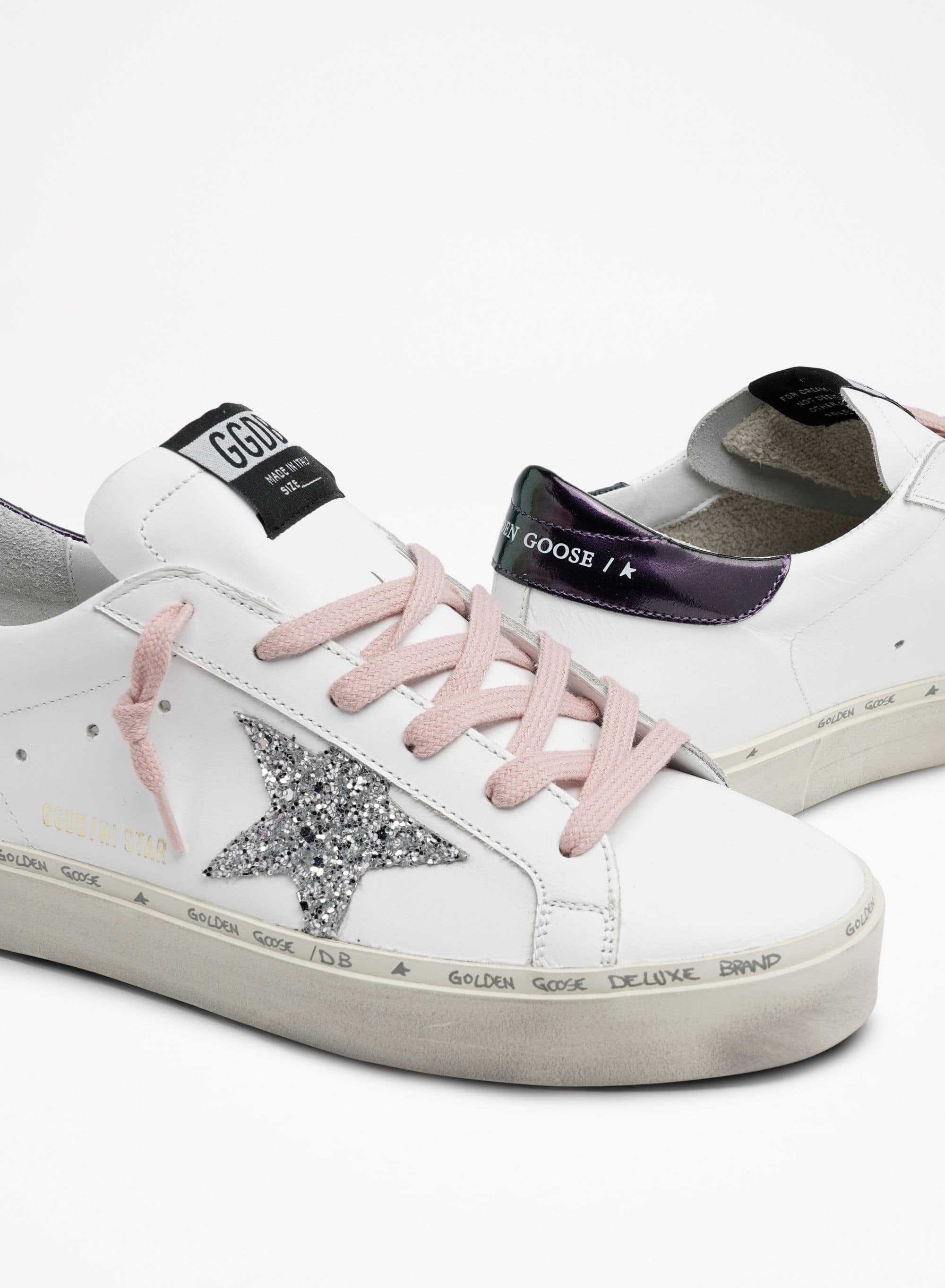 Women | White Hi-Star Sneakers with Glittery Star & Pink Laces | White x Silver x Blue Petrol - Image 5