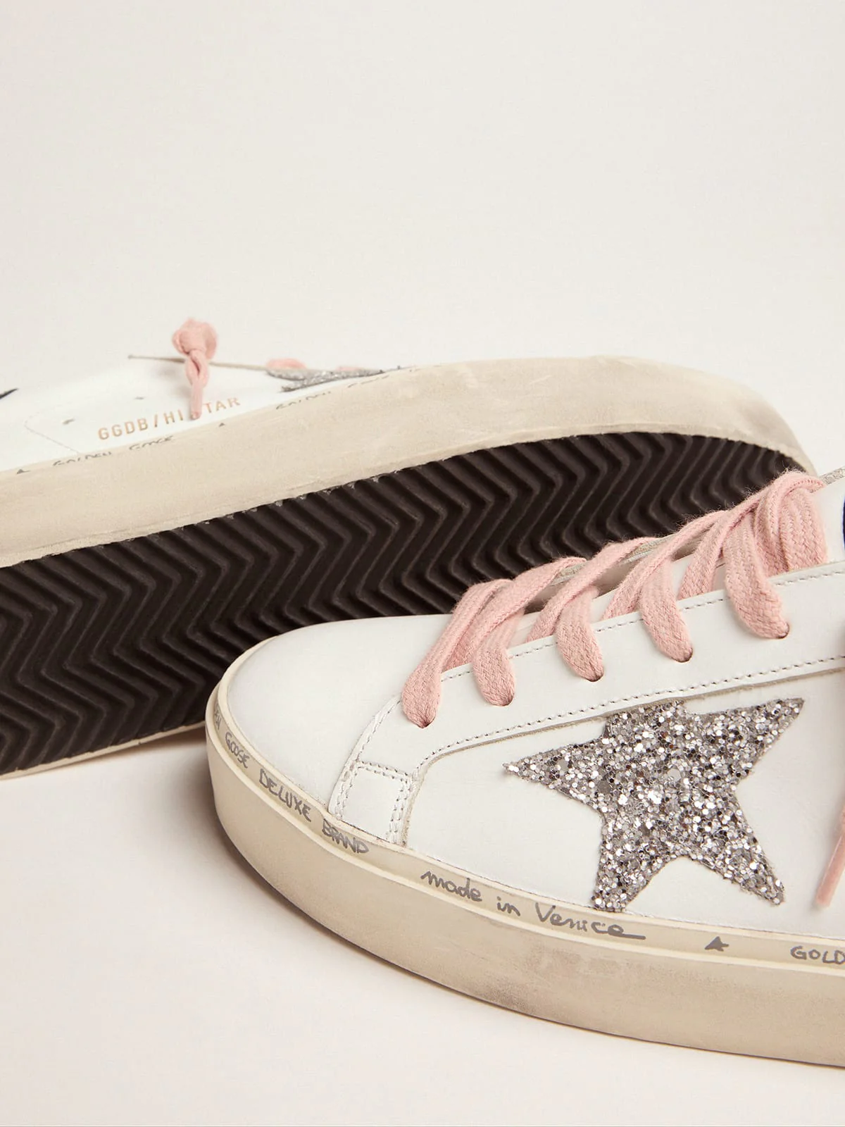 Women | White Hi-Star Sneakers with Glittery Star & Pink Laces | White x Silver x Blue Petrol - Image 6