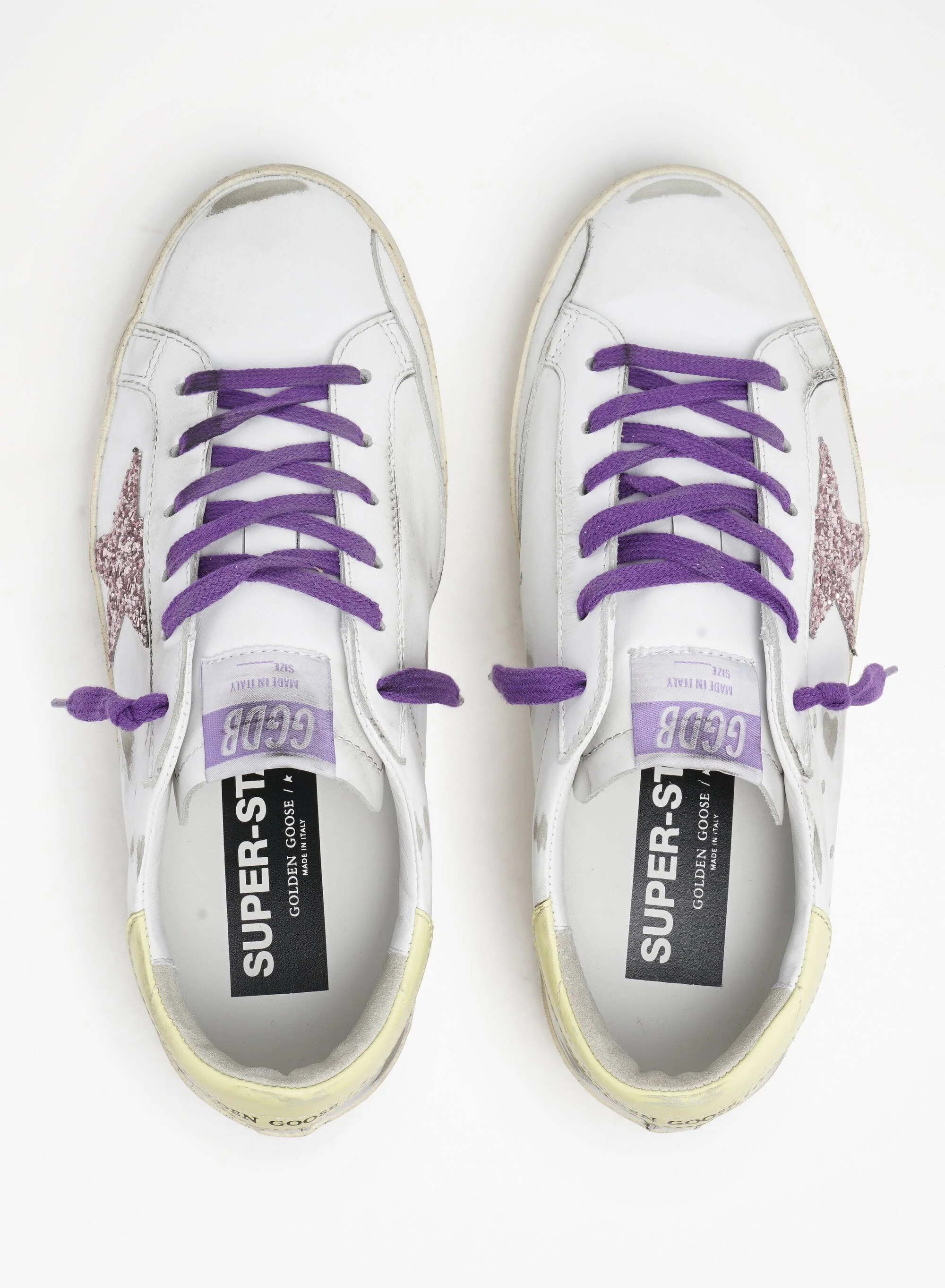 Women | White Super-Star Sneakers with A Glitter Star & Yellow Heel Tab | White x Pink x Yellow - Image 3