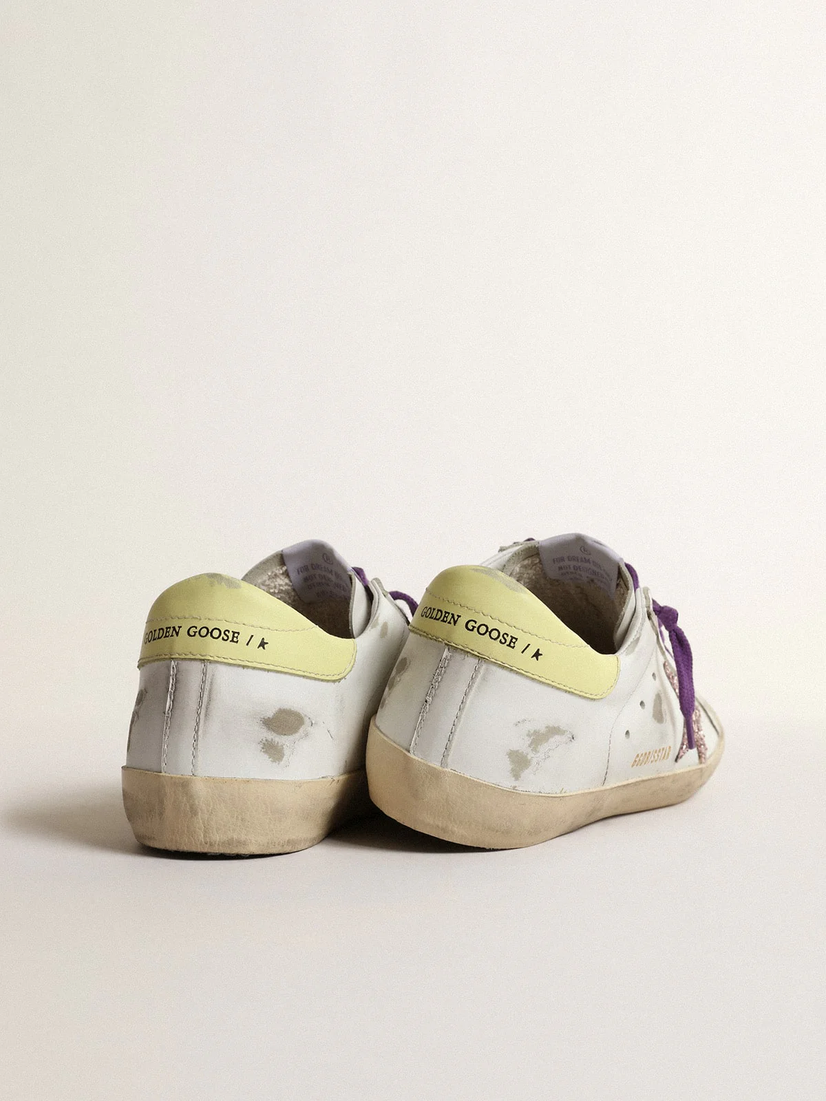 Women | White Super-Star Sneakers with A Glitter Star & Yellow Heel Tab | White x Pink x Yellow - Image 4