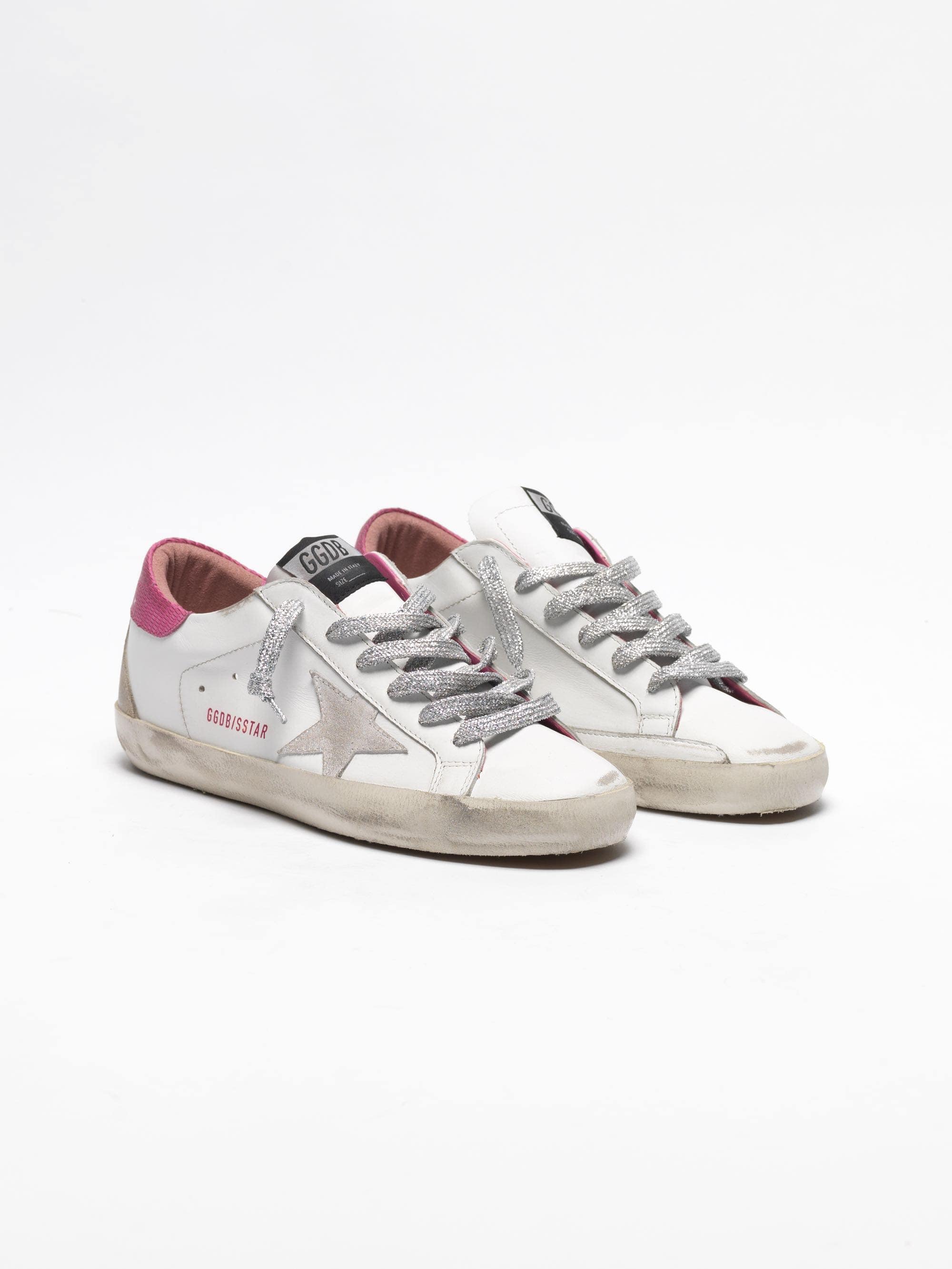 Women | White Super-Star Sneakers with Fuchsia Lizard-Print Heel Tab - Image 4