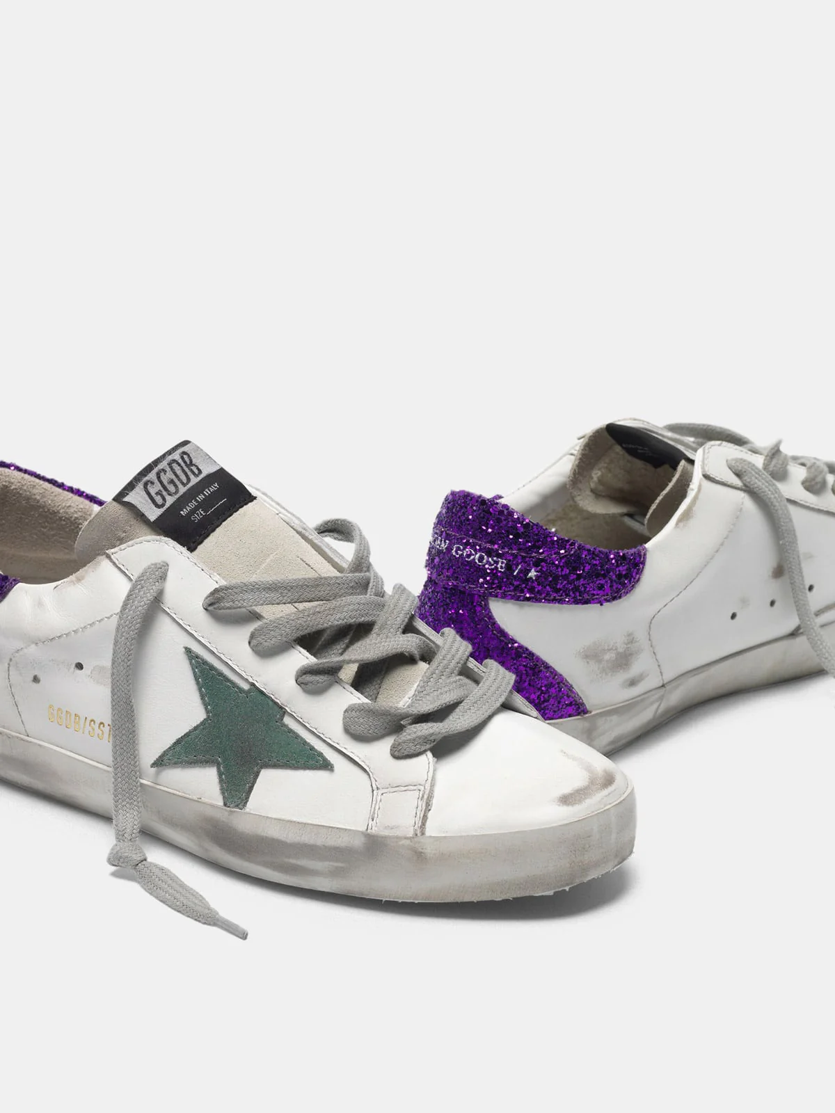 Women | White Super-Star Sneakers with Glittery Purple Rear - Image 2