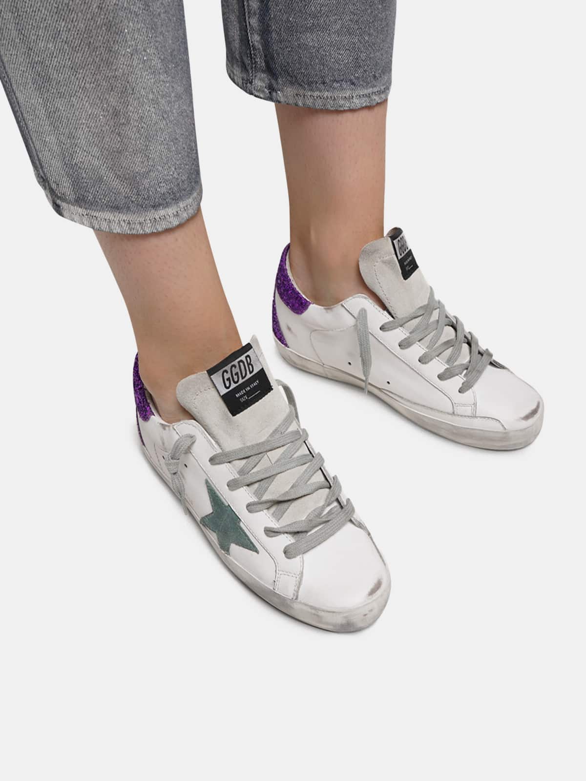 Women | White Super-Star Sneakers with Glittery Purple Rear - Image 8