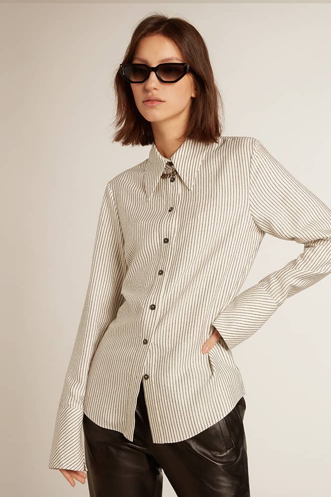 Women | White Viscose Shirt with Narrow Black Stripes | Arctic Wolf x Black