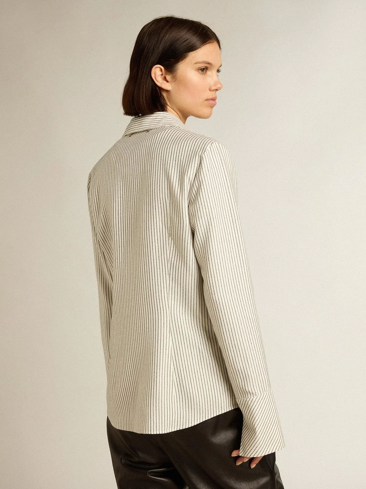 Women | White Viscose Shirt with Narrow Black Stripes | Arctic Wolf x Black - Image 4