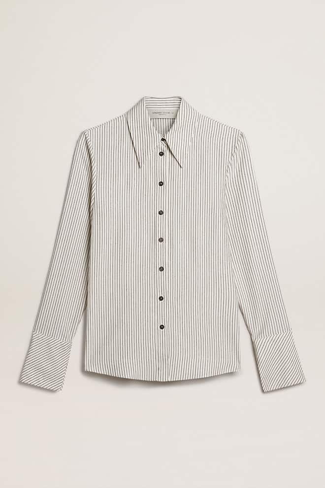 Women | White Viscose Shirt with Narrow Black Stripes | Arctic Wolf x Black - Image 7