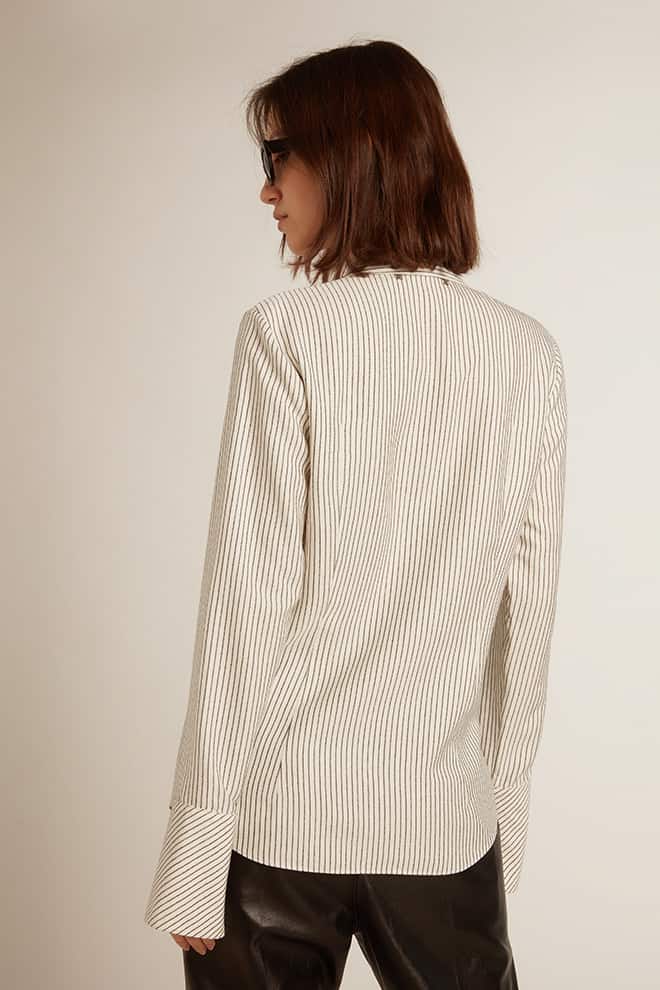 Women | White Viscose Shirt with Narrow Black Stripes | Arctic Wolf x Black - Image 8