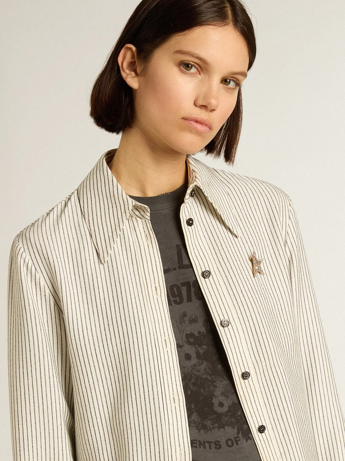 Women | White Viscose Shirt with Narrow Black Stripes | Arctic Wolf x Black - Image 9