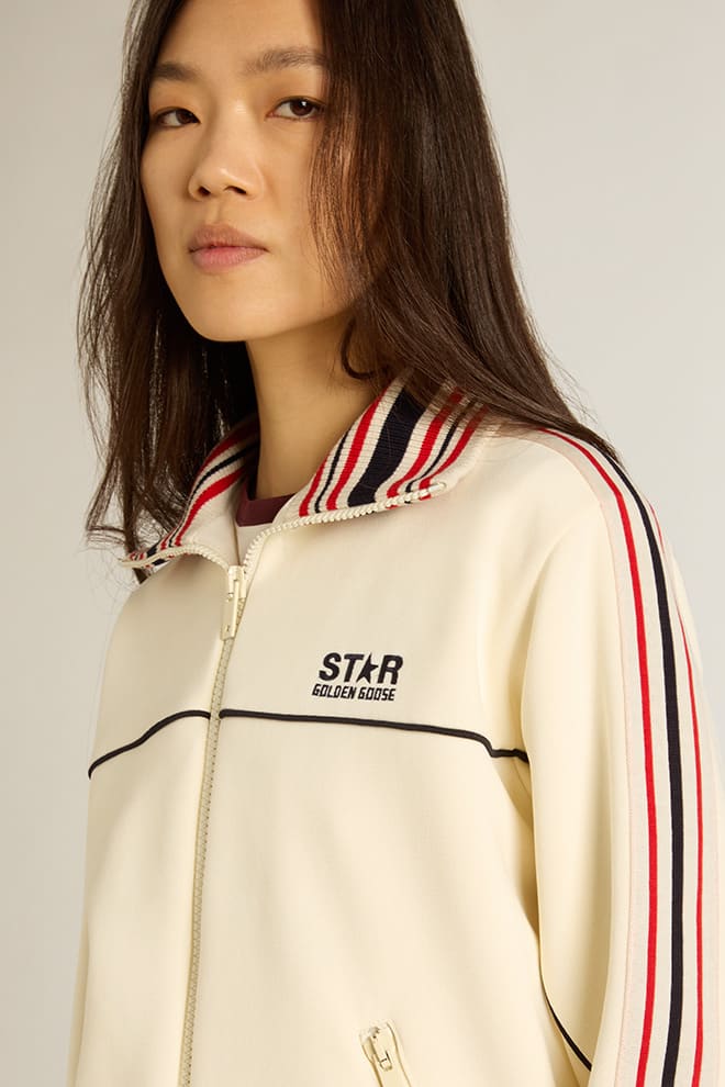 Women | White Zipped Sweatshirt with White Side Strips | Papyrus x Dark Blue - Image 2