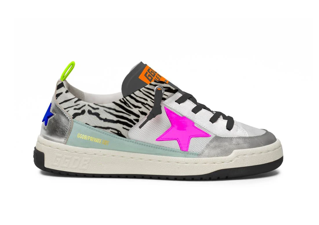 Women | Yeah Sneakers Net with Zebra Pony Print & Fuchsia Leather Star | White x Zebra x Silver x Fluo Pink