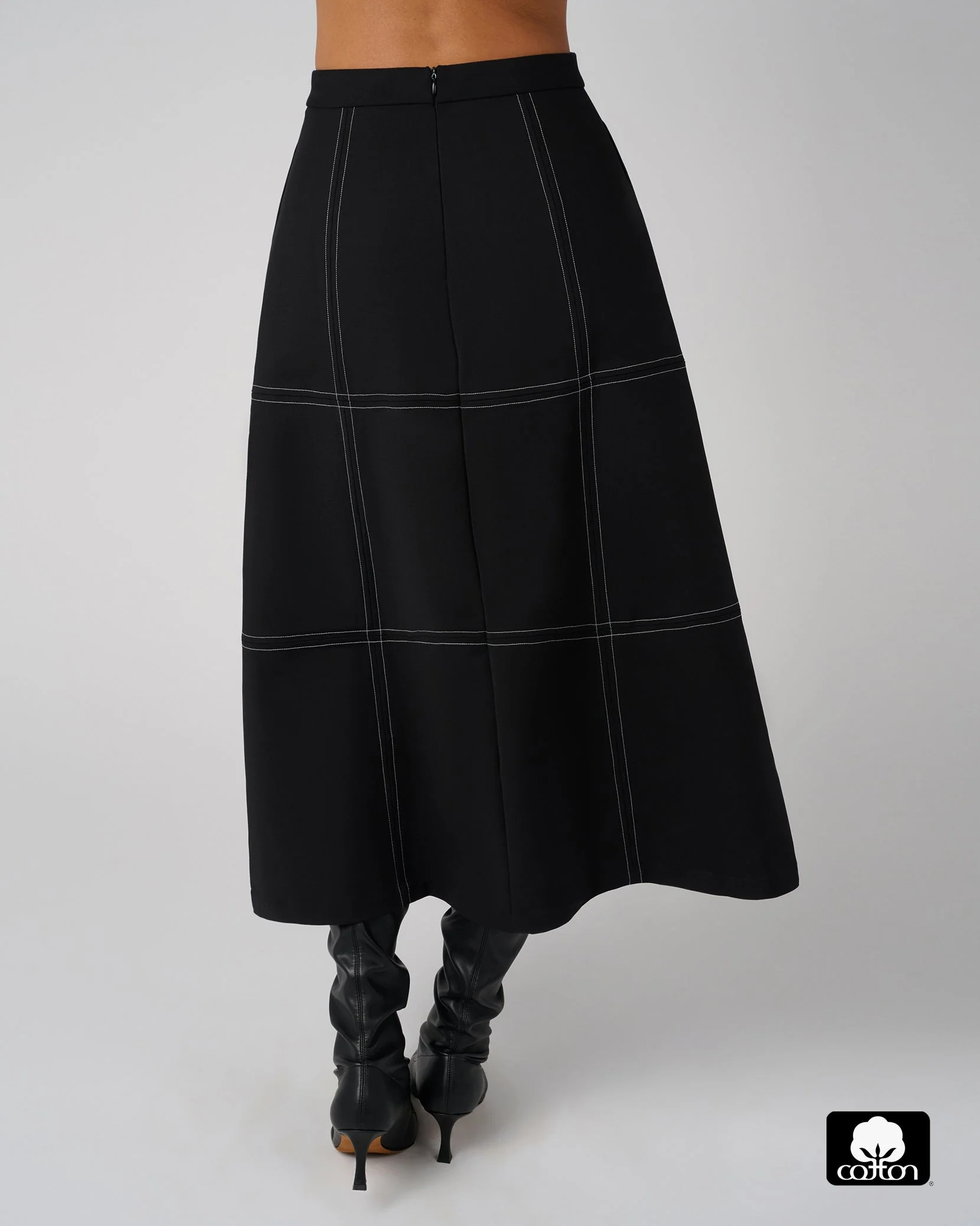 A-Line Contrast Stitch Skirt | Black - Image 5