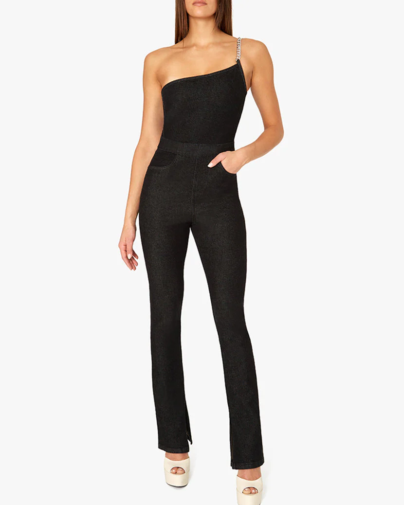 Asymmetrical Chain Strap Stretch Denim Overalls | Washed Black - Image 4