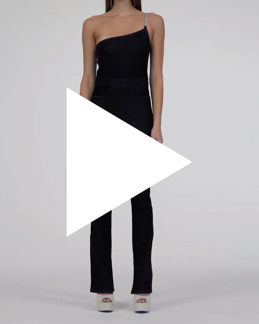 Asymmetrical Chain Strap Stretch Denim Overalls | Washed Black - Image 7