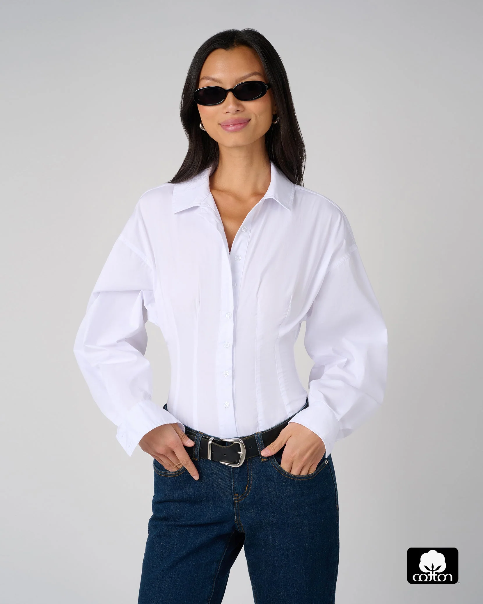 Balloon Sleeve Button Up Bodysuit | White
