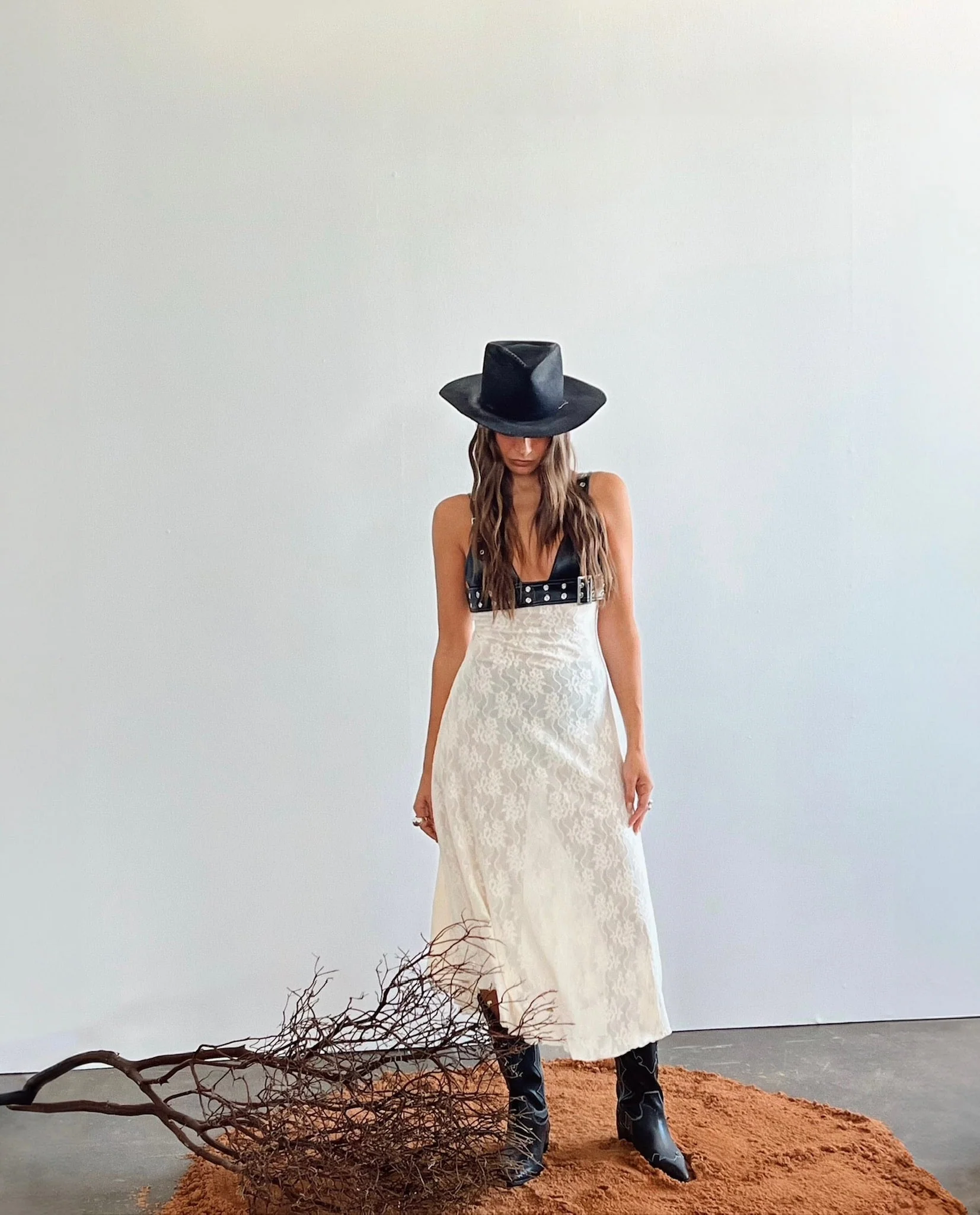 Belt Bodice Midi Dress | Black x Antique White - Image 3