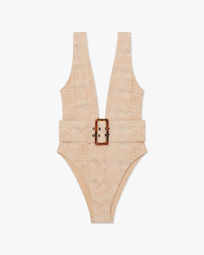 Belted Plunge Snake Skin One Piece | Tan - Image 2