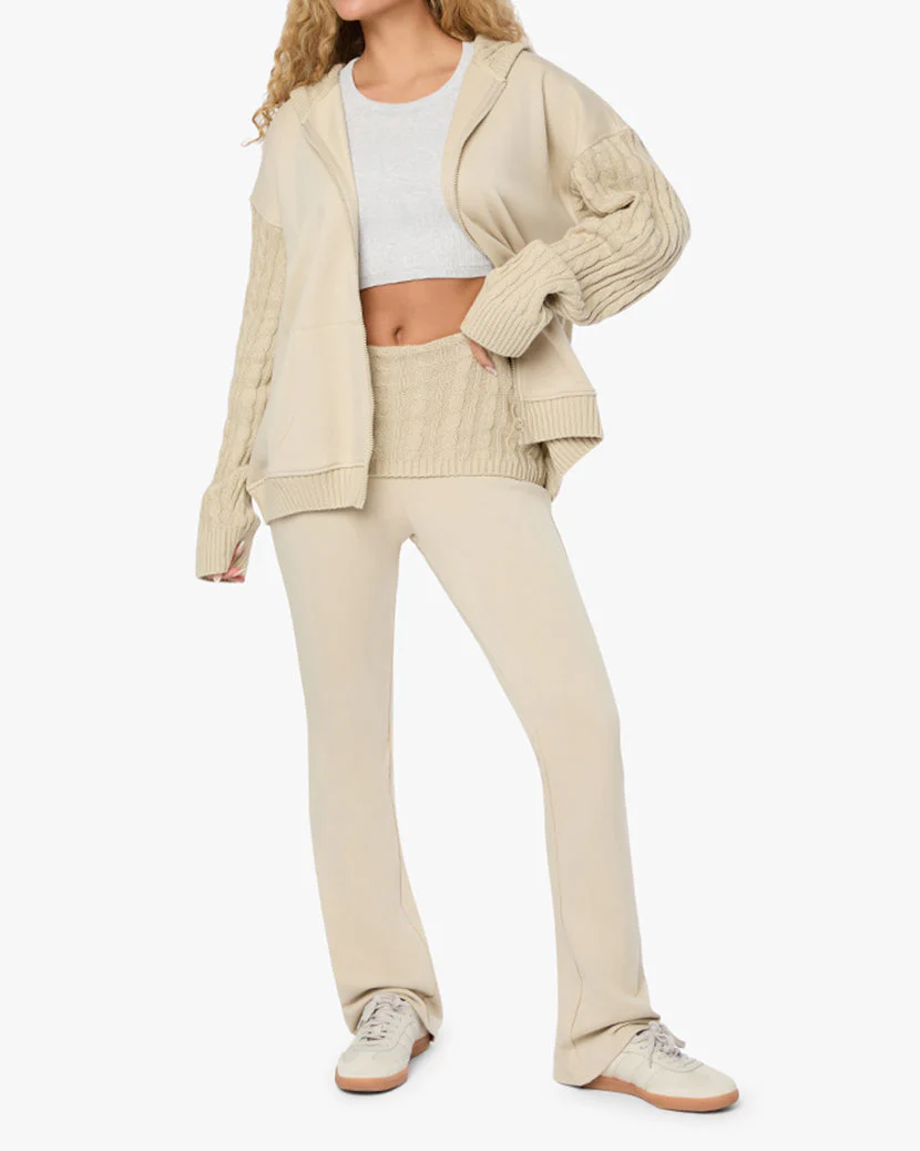 Cable Knit Sleeve Zip Up Hoodie | Taupe - Image 4