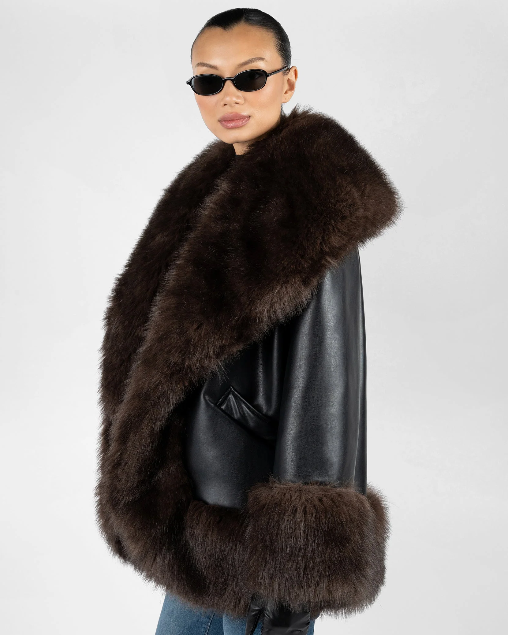 Cocoon Fur Jacket | Black x Dark Brown - Image 5