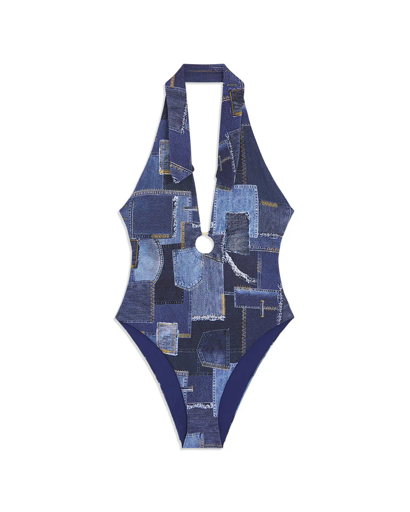 Collar Denim Patchwork One Piece | Dark Wash - Image 2