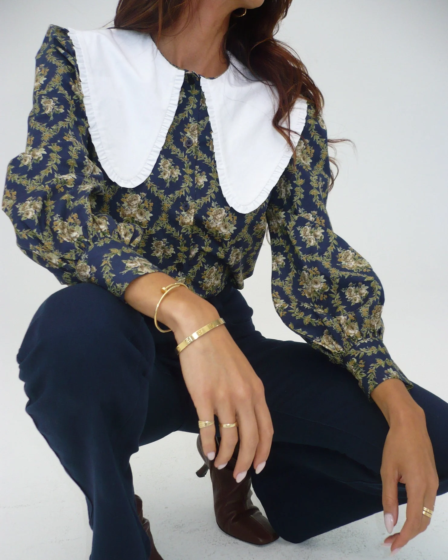 Collar Puff Sleeve Victorian Floral Top | French Navy - Image 3
