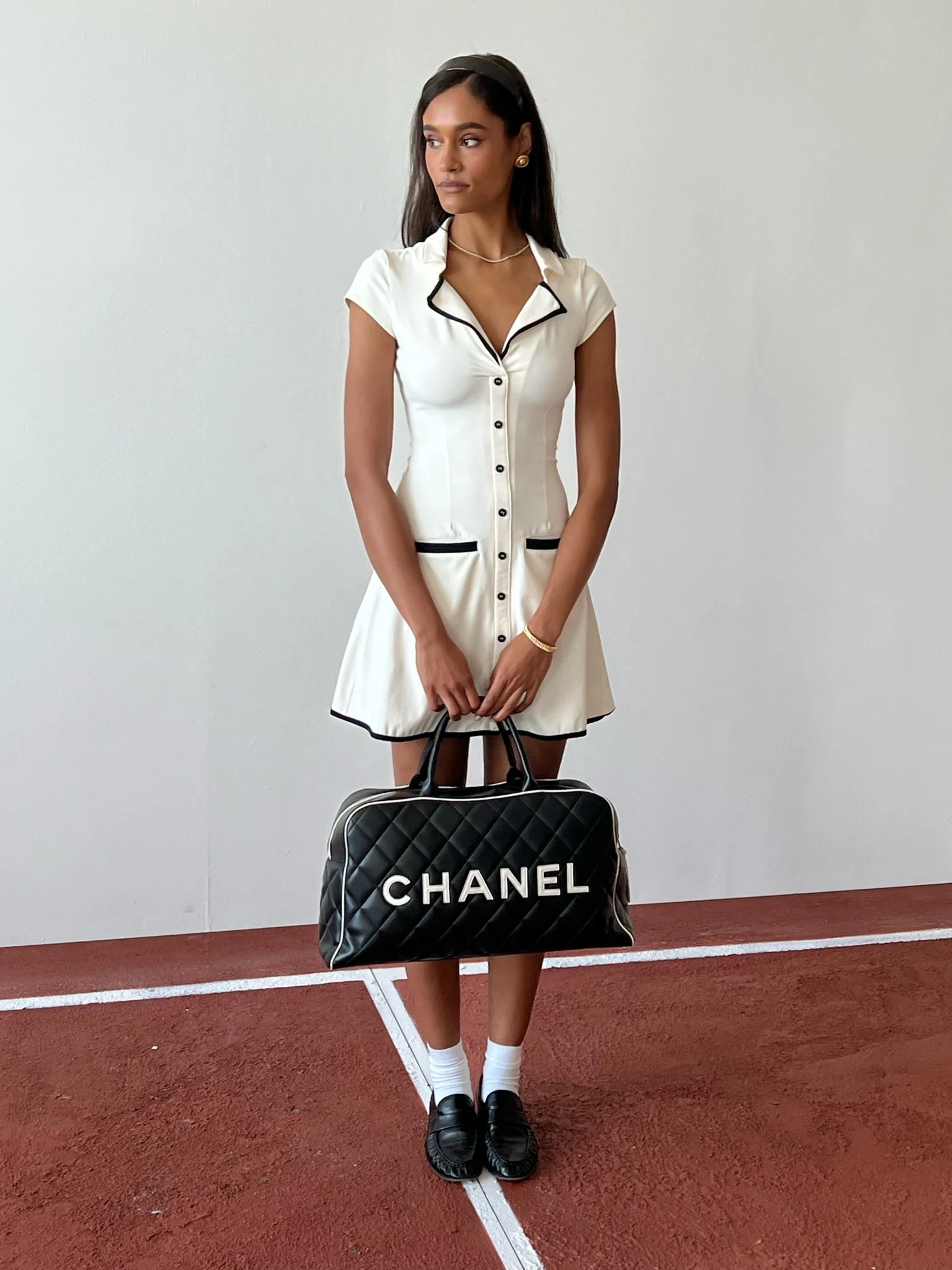 Collared Mini Dress | Off White x Black - Image 3