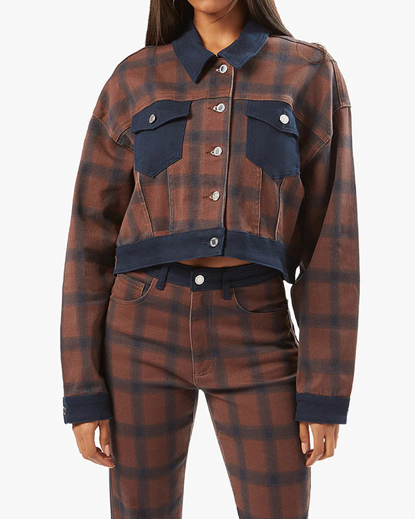 Color Block Modern Plaid Stretch Twill Denim Jacket | Cacao French Navy