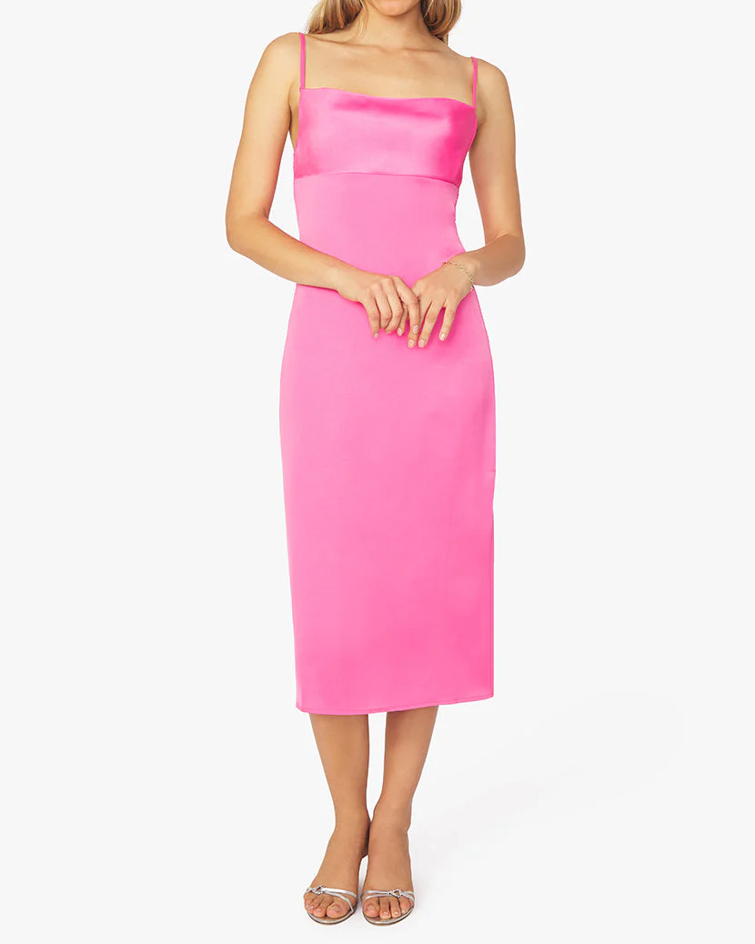 Cowl Satin Charmeuse Midi Dress | Hot Pink