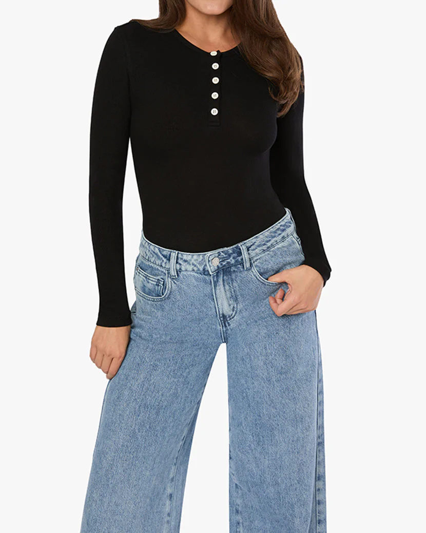 Crew Neck Henley Bodysuit | Black