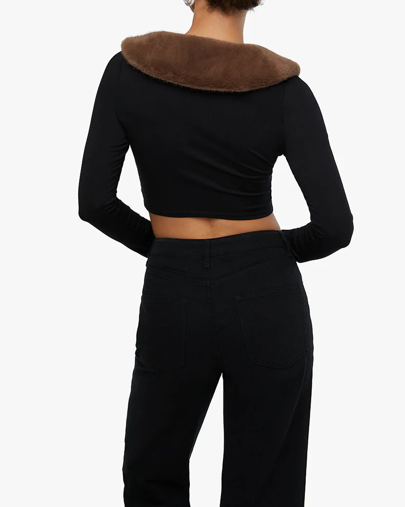 Cropped Faux Fur Collar Cardigan | Black - Image 5