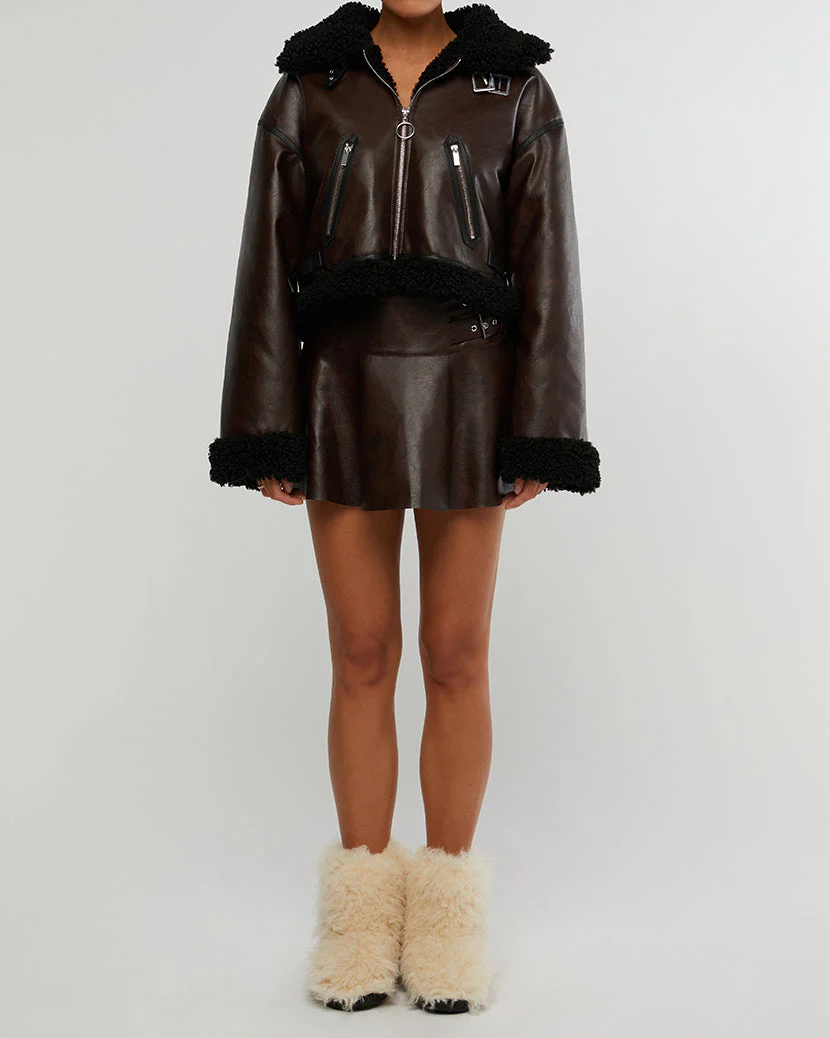 Cropped Faux Sherpa Moto Jacket | Dark Patina x Black - Image 4