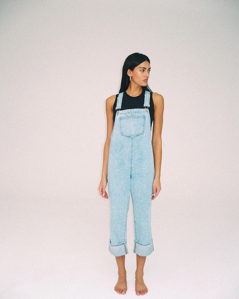 Culotte Indigo Denim Cuffed Overalls | Light Rustic - Image 3