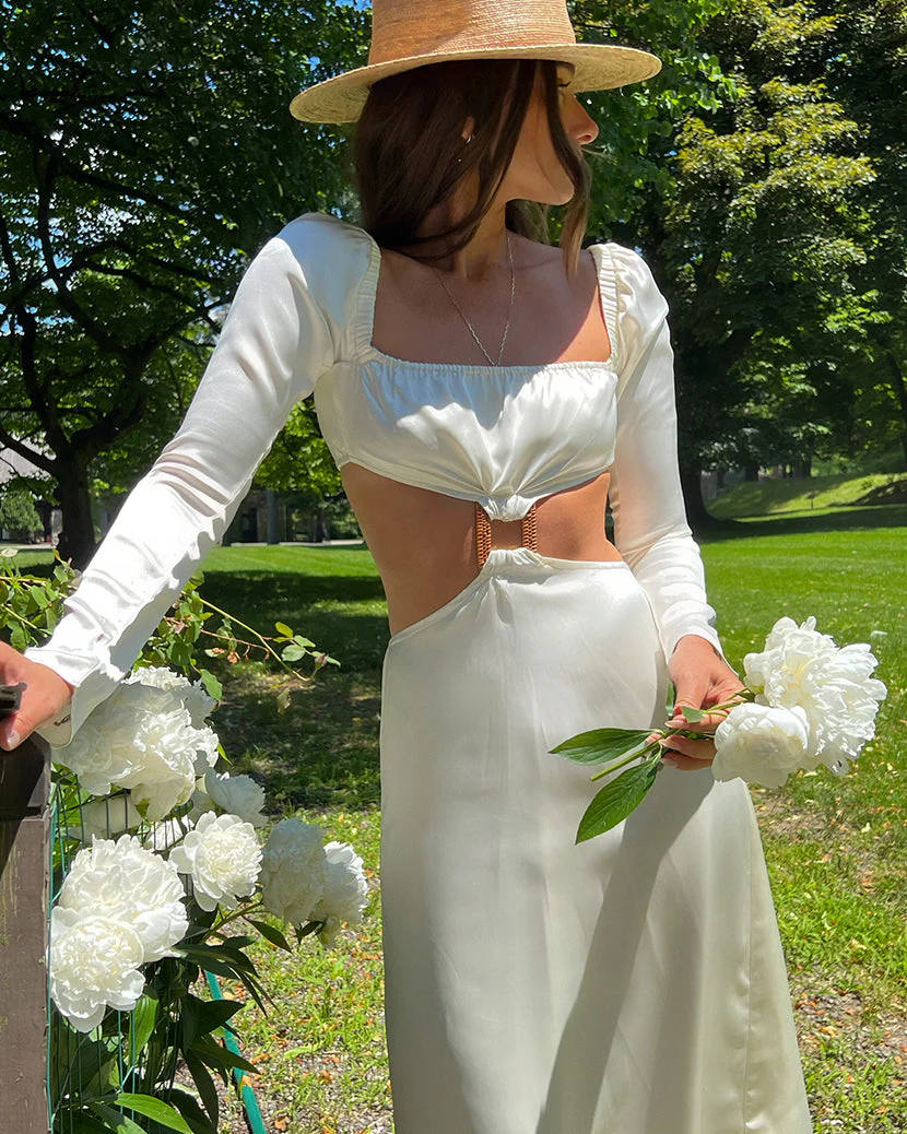 Cut Out Satin Charmeuse Midi Dress | Whisper White - Image 3
