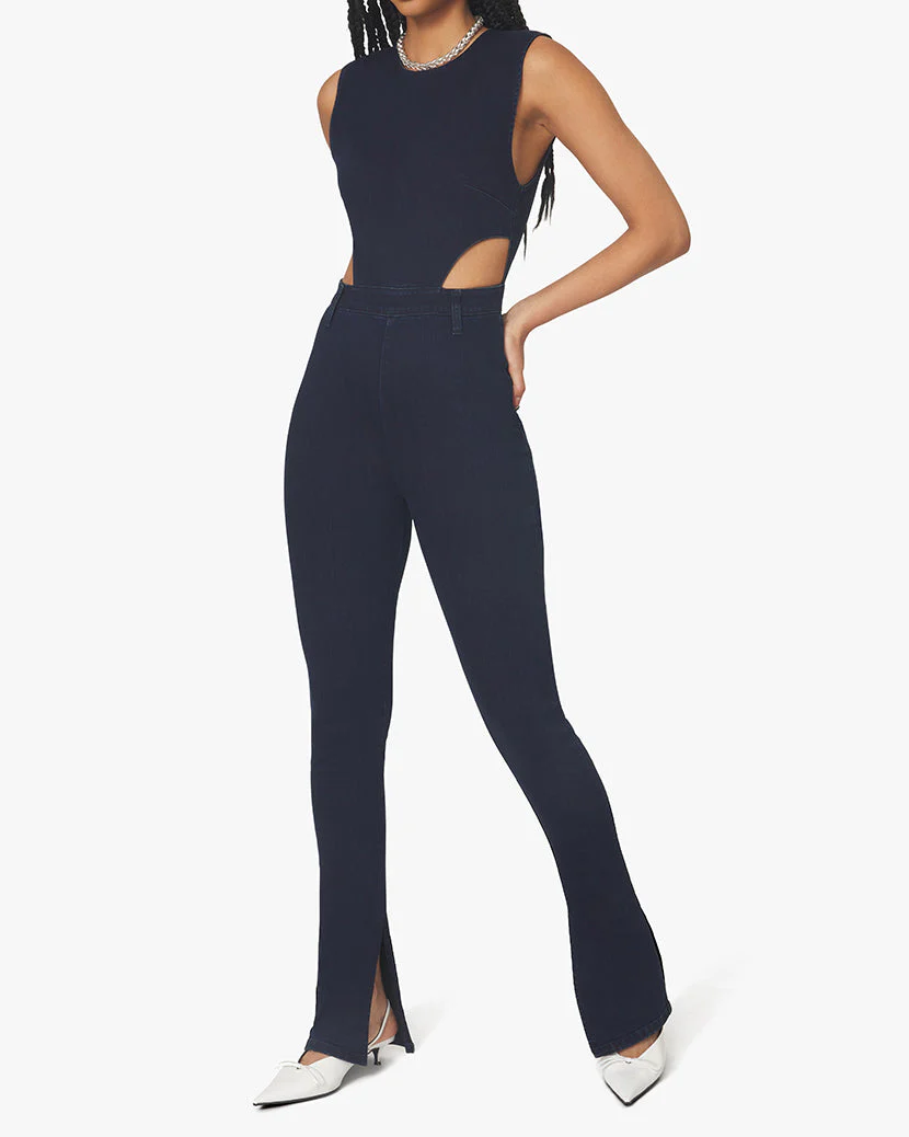 Cutout Slit Stretch Denim Jumpsuit | Dani Blue Black - Image 4