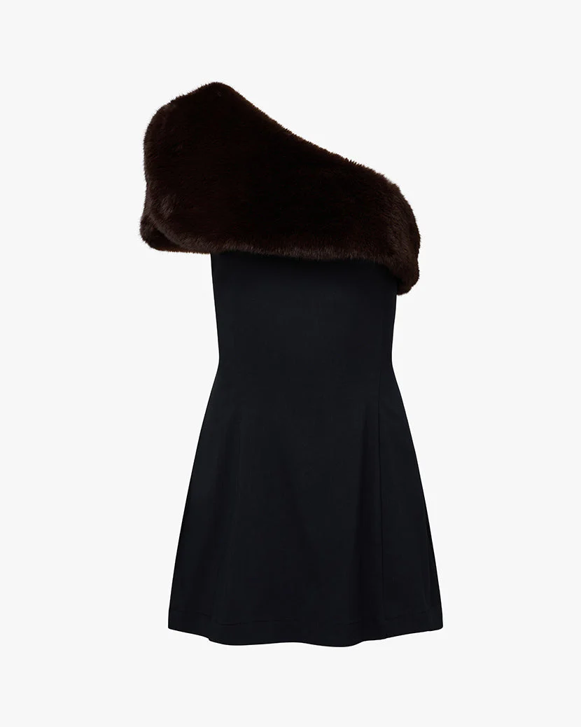Faux Fur One Shoulder Mini Dress | Black x Brown - Image 2