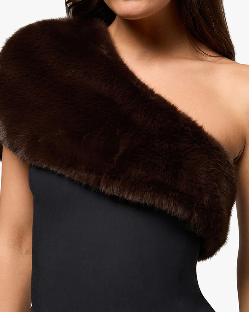 Faux Fur One Shoulder Mini Dress | Black x Brown - Image 5
