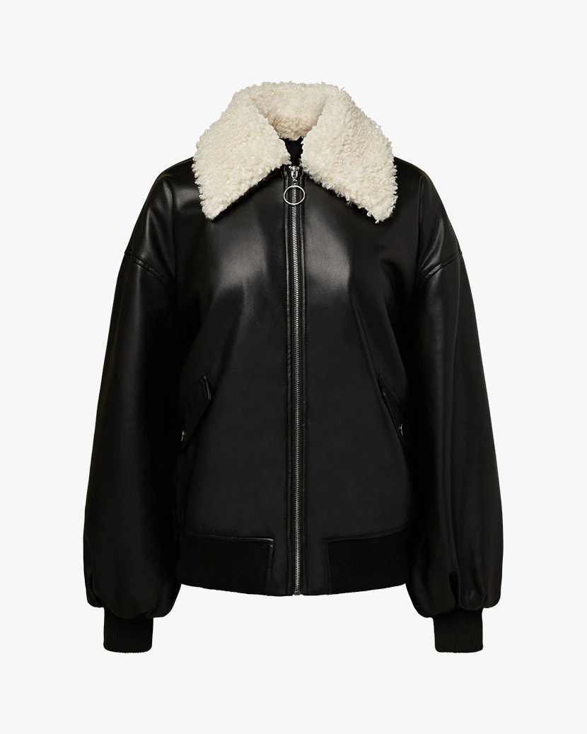 Faux Sherpa Collar Bomber Jacket | Black x Ecru - Image 2
