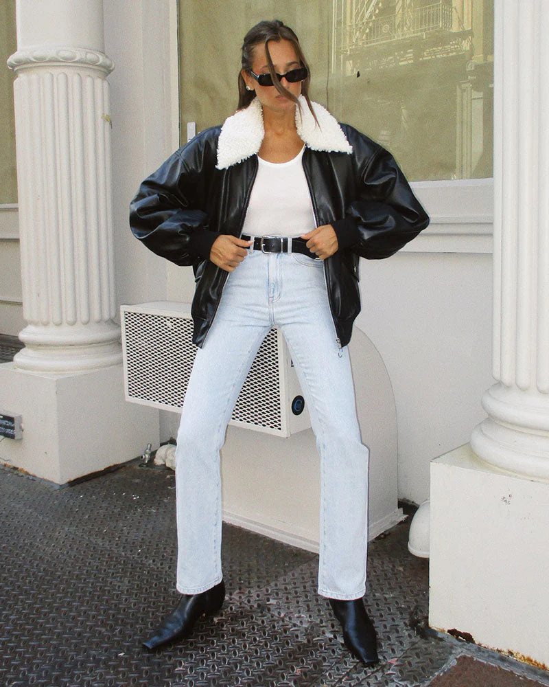 Faux Sherpa Collar Bomber Jacket | Black x Ecru - Image 3
