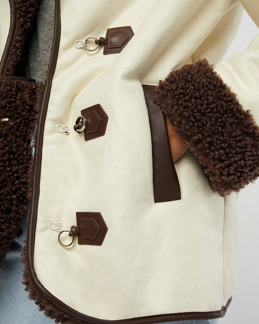 Faux Suede Bonded Sherpa Toggle Jacket | Ecru x Saddle - Image 5