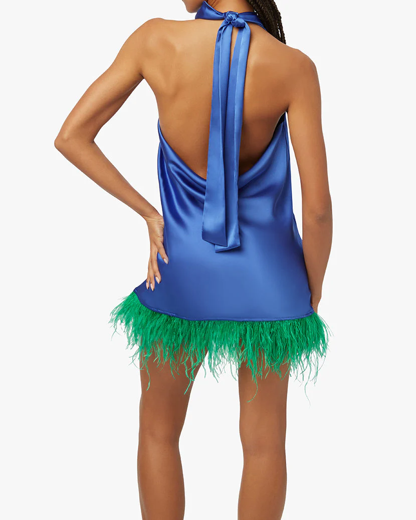 Feather Halter Satin Charmeuse Mini Dress | Sapphire - Image 4