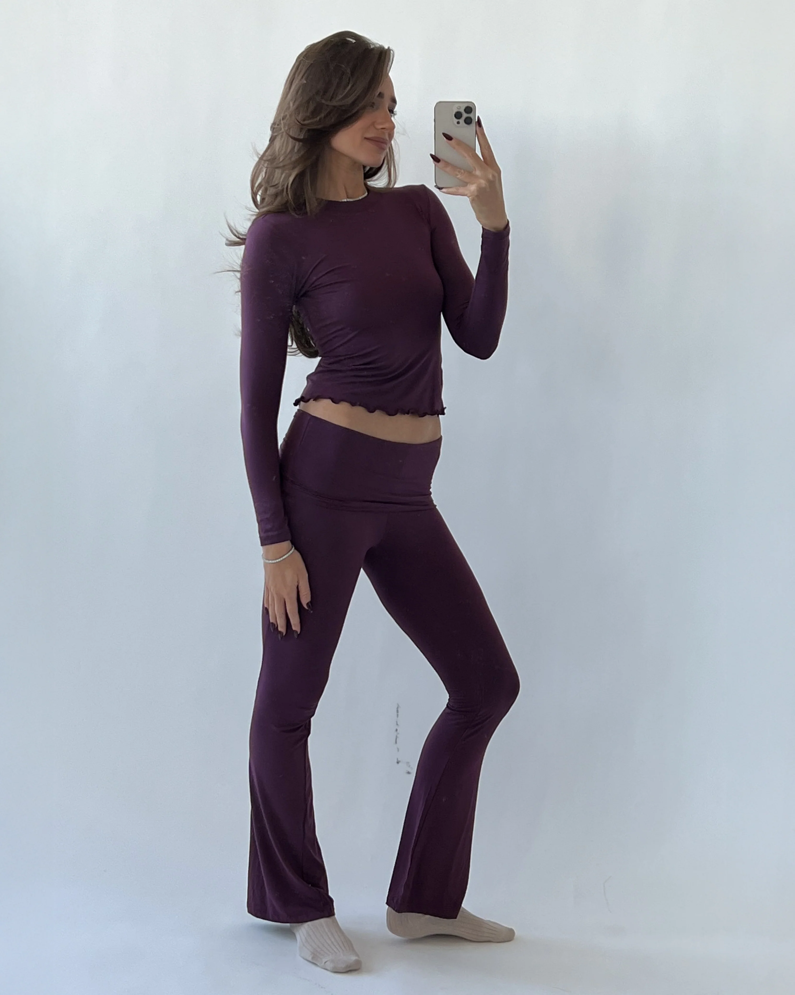 Fold-over Flare Pants | Dark Maroon - Image 2