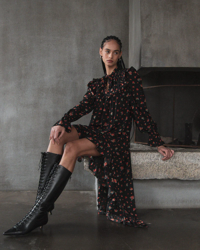 High Low Polka Dot Floral Dress | Black - Image 3