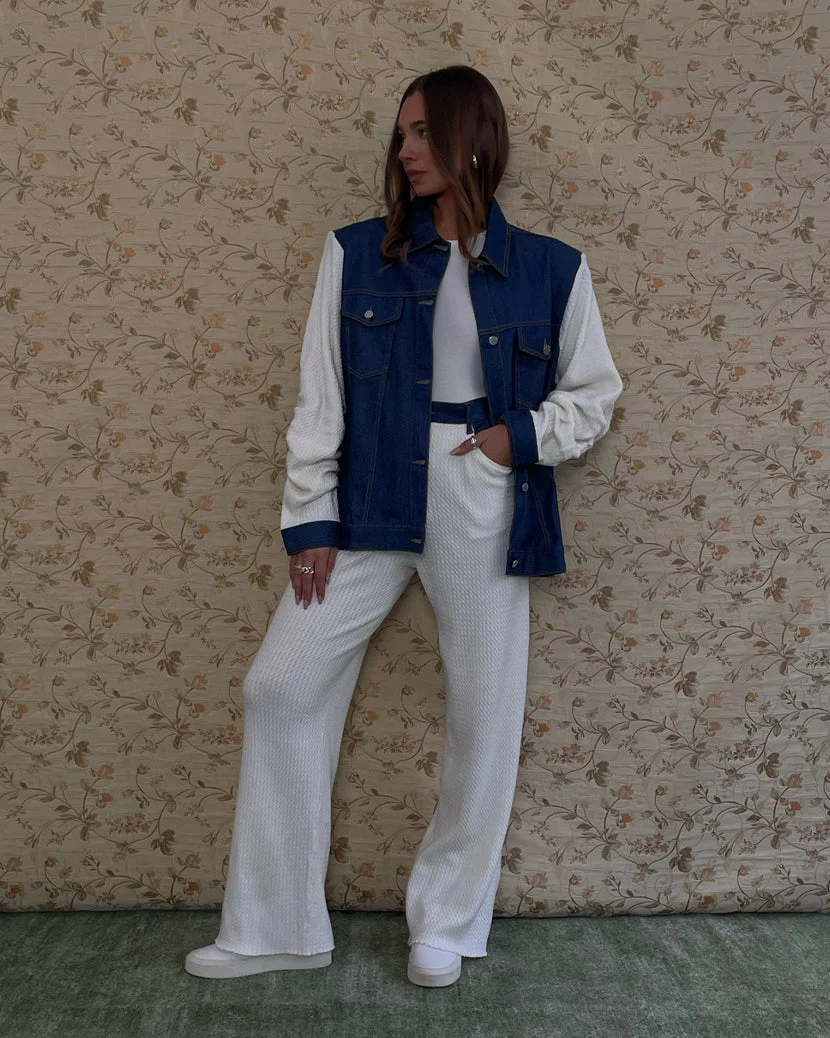 High Rise Denim Cable Knit Wide Leg Jean | Rinse Cream - Image 4