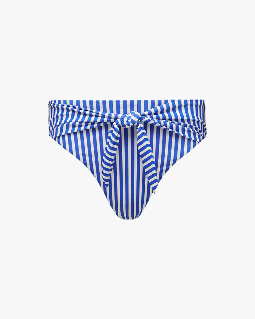 High Rise Tie-Front Stripes Bikini Bottom | Coastal Blue Off White - Image 2